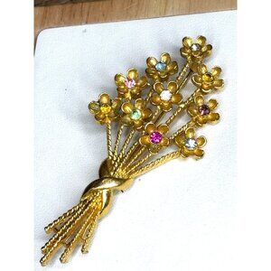 Vintage Mamselle Gold-Tone Floral Bouquet Brooch With Rhinestones